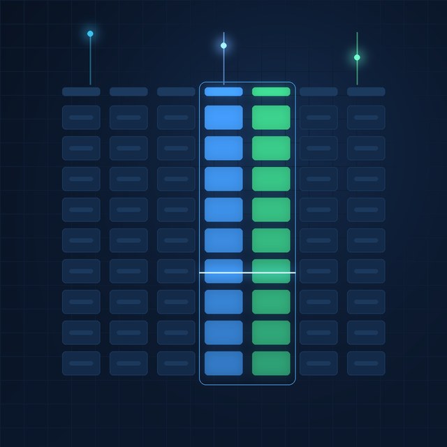 A column-oriented store: a grid of cells with two columns lit by a query scan