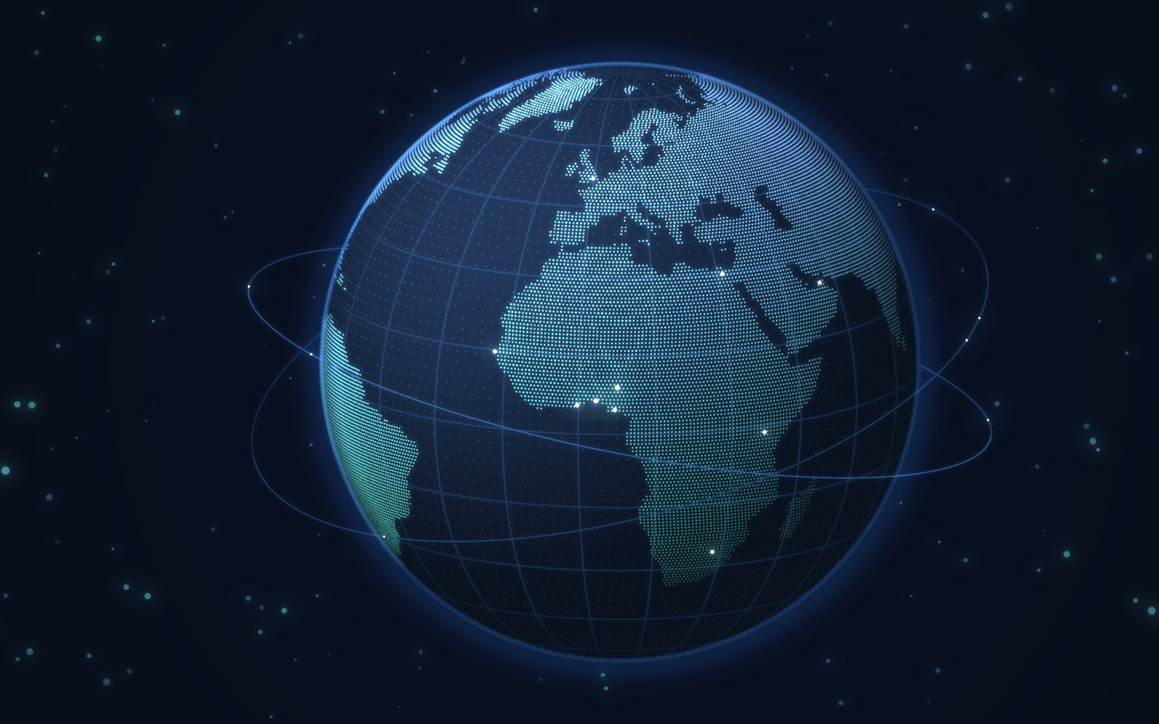 A globe rendered as a lattice of data points, centred on West Africa, with the operating centres lit